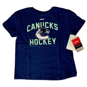 NHL Vancouver Canucks Reebok Face off Apparel Navy Blue T-shirt Men Size M 5/6